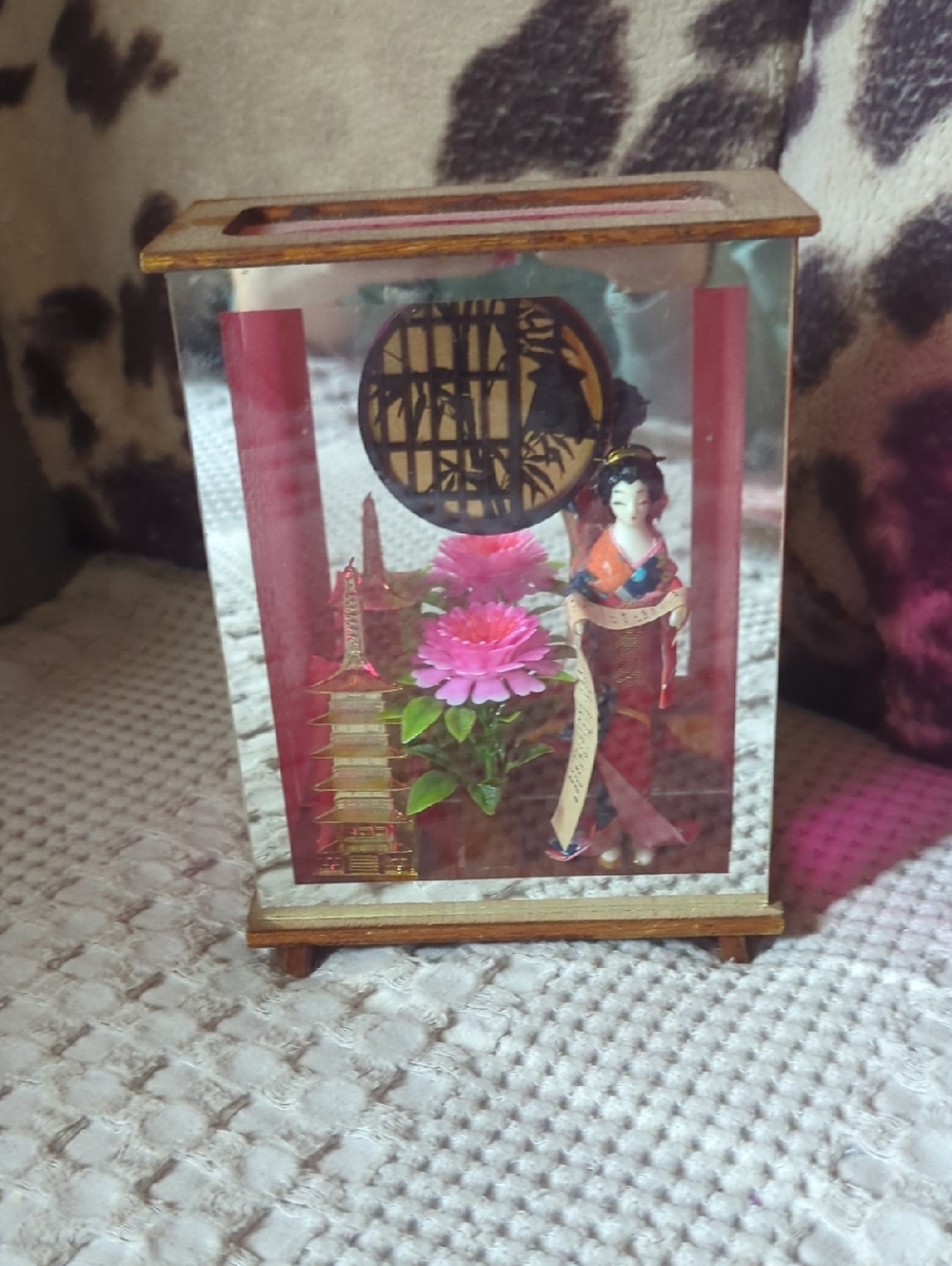 Asian Decorative Glass Display with Geisha and Pink Flower